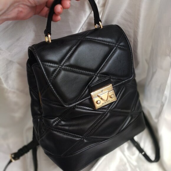 * MICHAEL KORS LEATHER BACKPACK BAG, LUXURY LEATHER BLACK QUILTED LARGE GOLD - Picture 5 of 14